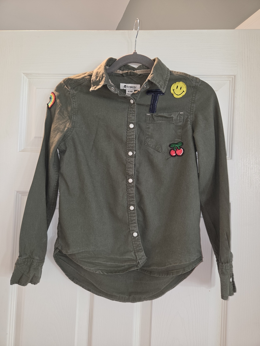 Upcycked Tractr Kids Olive Button-Down Shirt with Colorful Patch Accents
